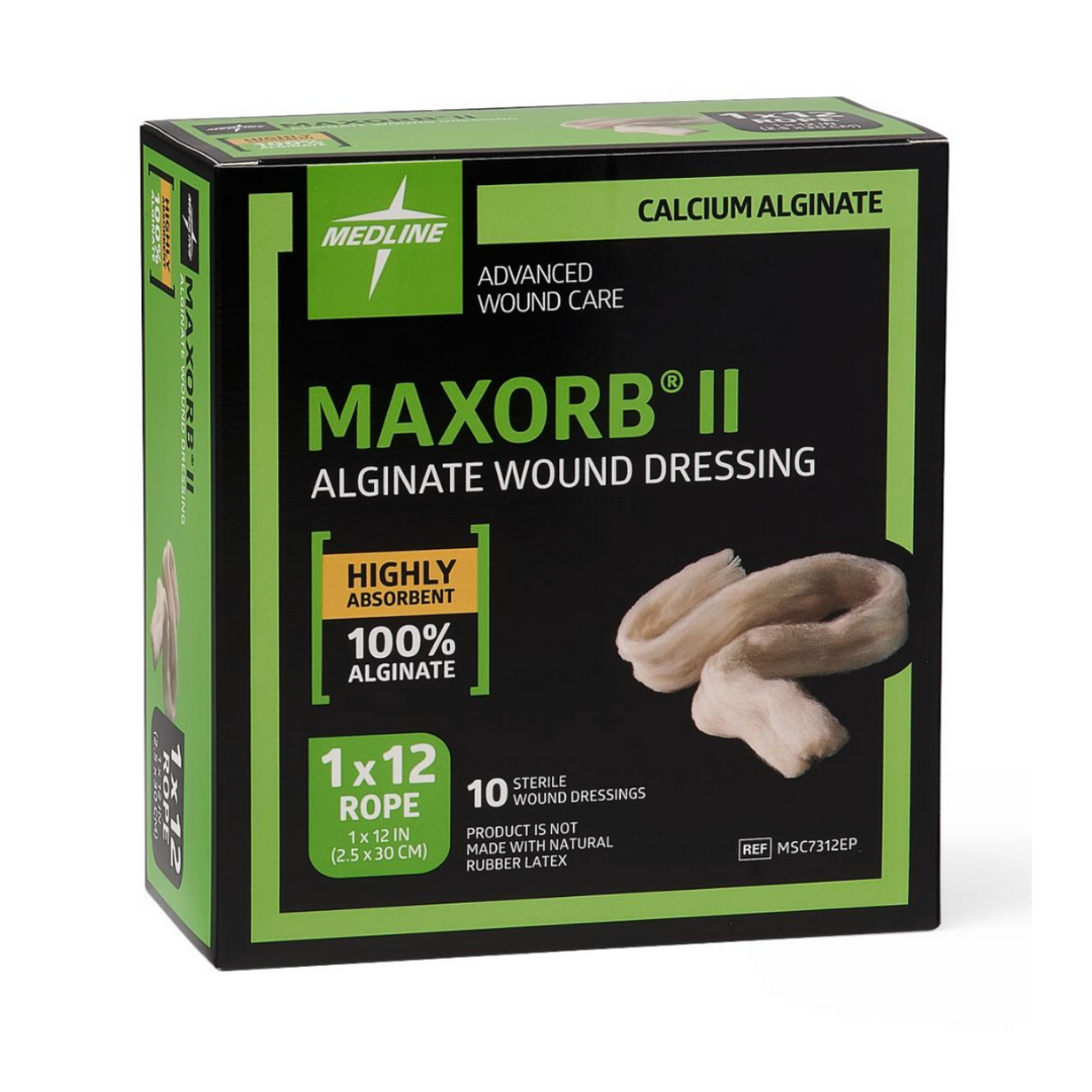 A box of Maxorb II Alginate Wound Dressings - Highly Absorbant, featuring 1 x 12 inch calcium alginate dressings. The black and green packaging shows images of the sterile dressings on the front.